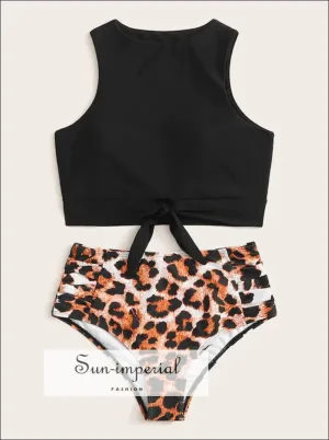 Knot front top with Dot High Waist Bikini Set - Black top Leopard bottom