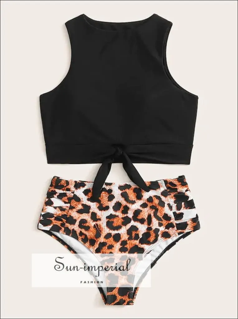 Knot front top with Dot High Waist Bikini Set - Black top Leopard bottom