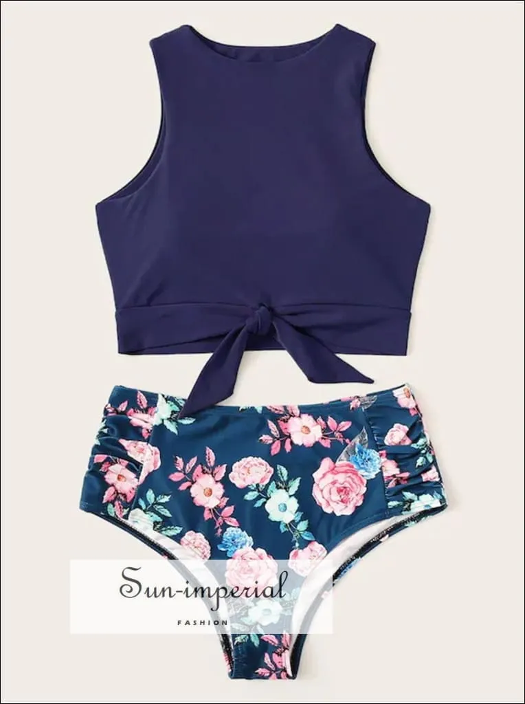 Knot front top with Dot High Waist Bikini Set - Blue top Floral bottom