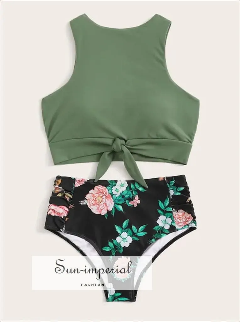 Knot front top with Dot High Waist Bikini Set - Blue top Floral bottom