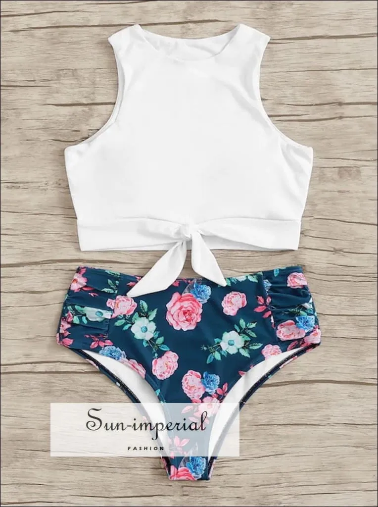 Knot front top with Dot High Waist Bikini Set - Blue top Floral bottom