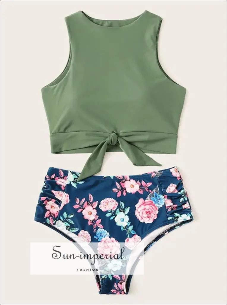 Knot front top with Dot High Waist Bikini Set - Green top Tropical bottom