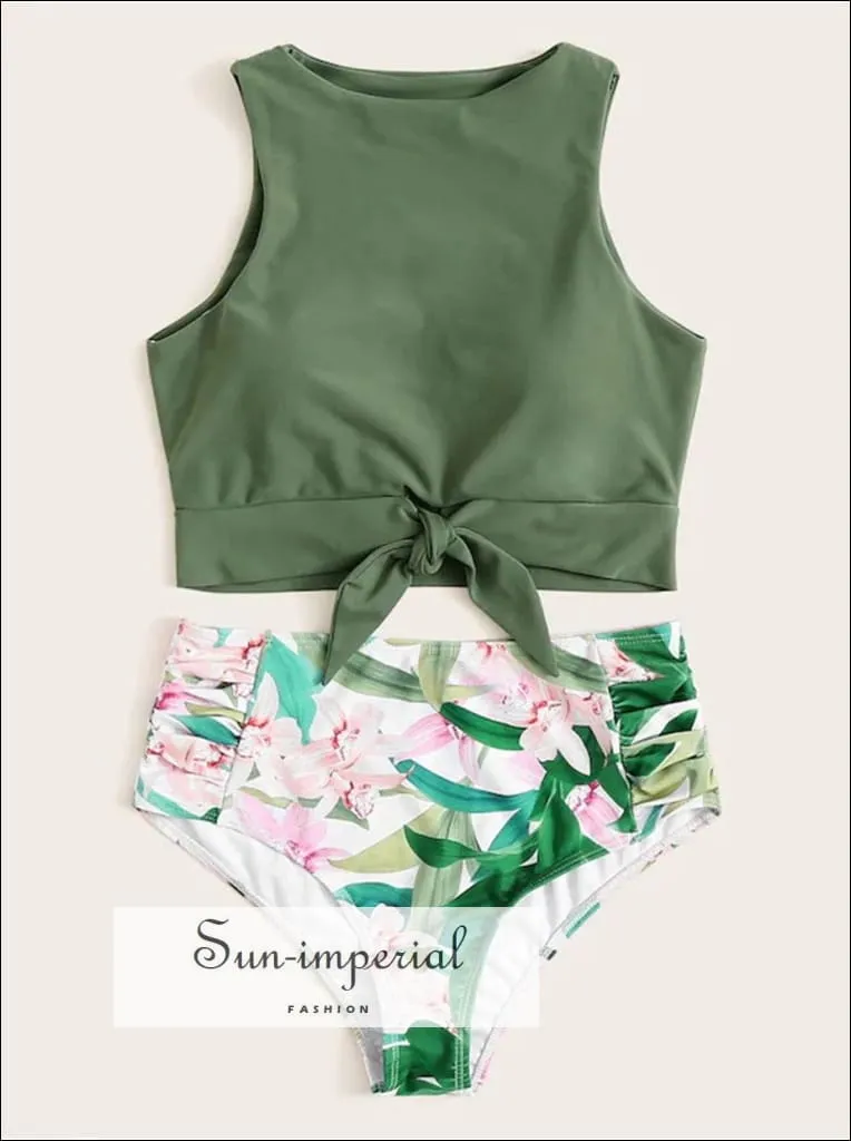 Knot front top with Dot High Waist Bikini Set - Green top Tropical bottom