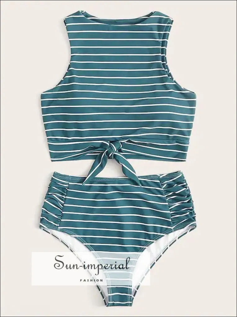 Knot front top with Dot High Waist Bikini Set - White Striped top and bottom