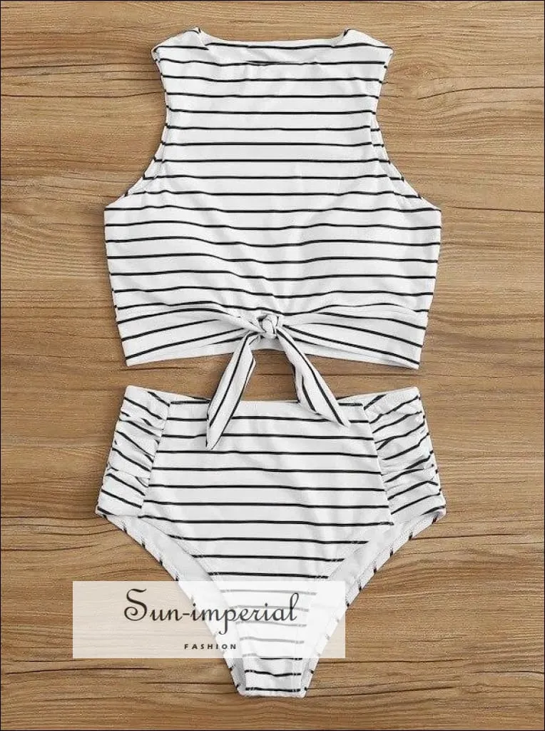 Knot front top with Dot High Waist Bikini Set - White Striped top and bottom