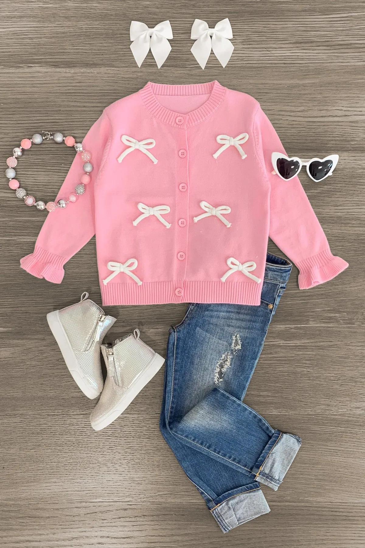 Light Pink & White Bow Cardigan