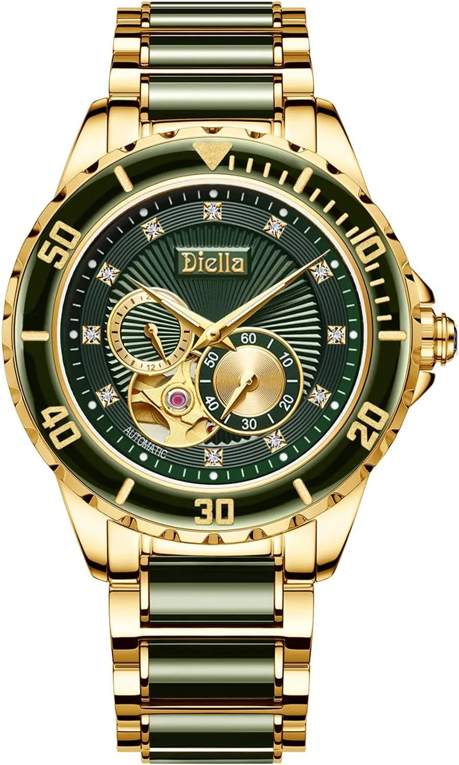 Men'S Automatic Mechanical Wrist Watches, Luxury Skeleton Watches for Men with Black Green Jade & Steel Strap