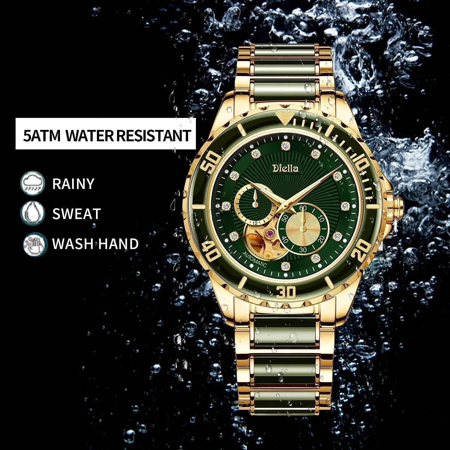 Men'S Automatic Mechanical Wrist Watches, Luxury Skeleton Watches for Men with Black Green Jade & Steel Strap