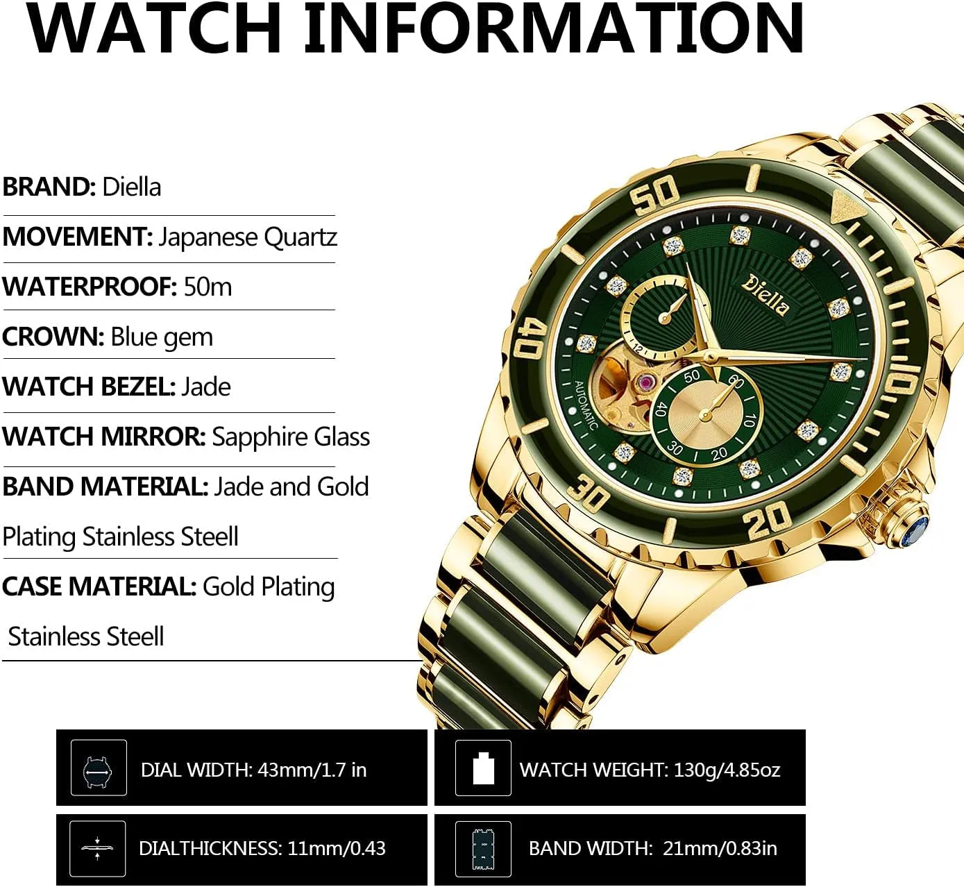 Men'S Automatic Mechanical Wrist Watches, Luxury Skeleton Watches for Men with Black Green Jade & Steel Strap