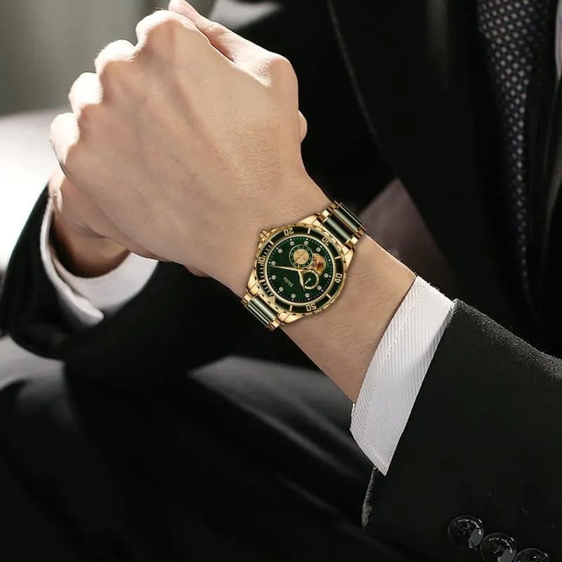 Men'S Automatic Mechanical Wrist Watches, Luxury Skeleton Watches for Men with Black Green Jade & Steel Strap