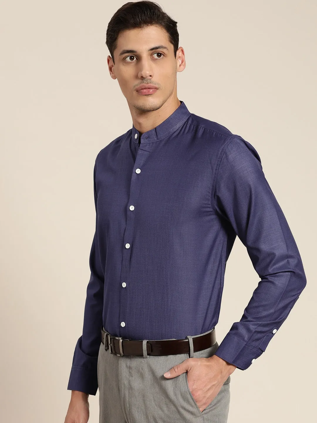 Men's Cotton Navy Blue Chinese Collar Formal Shirt - Sojanya