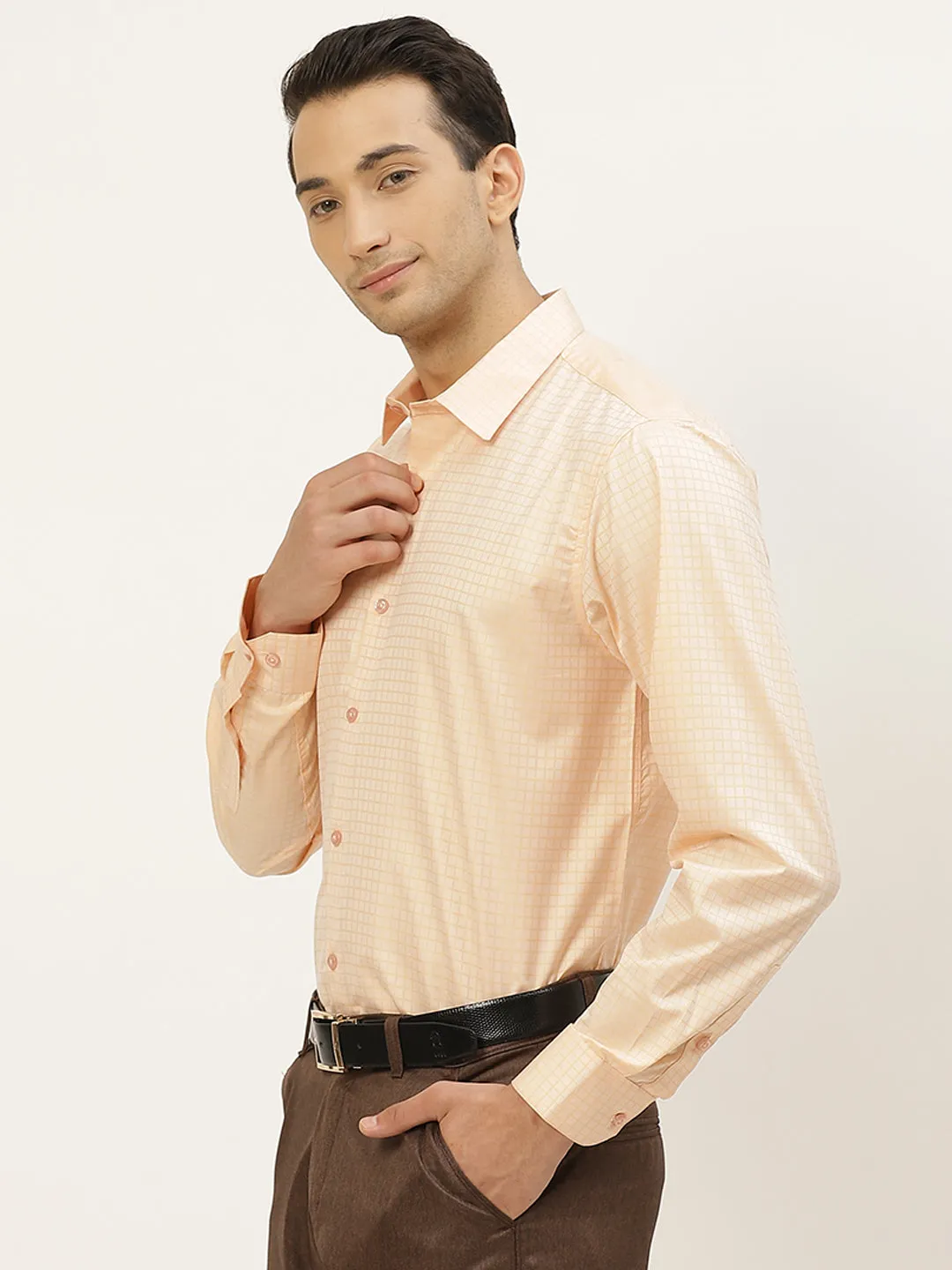 Mens Cotton Peach Checked Formal Shirt - Sojanya