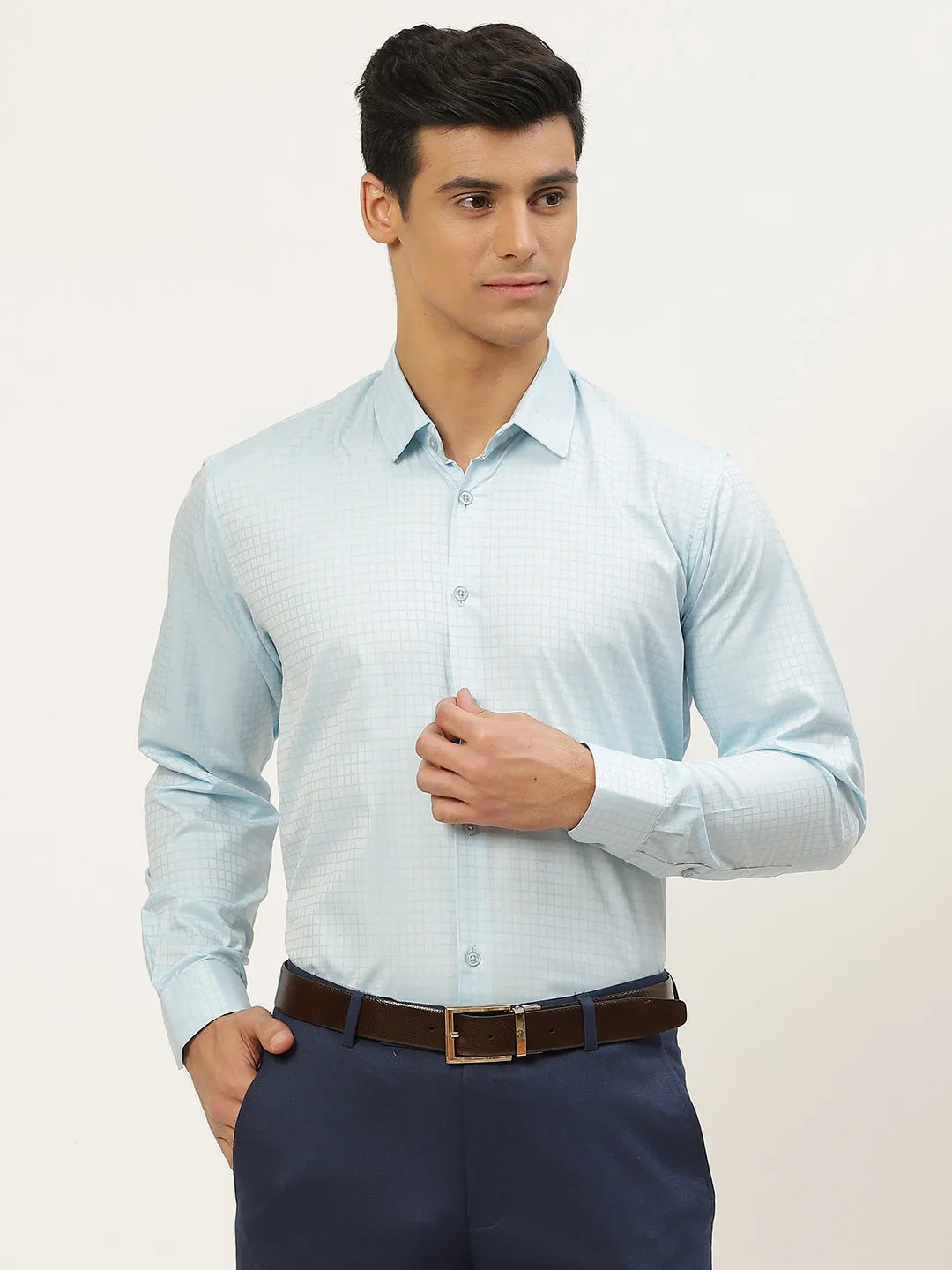 Mens Cotton Sky Blue Checked Formal Shirt - Sojanya