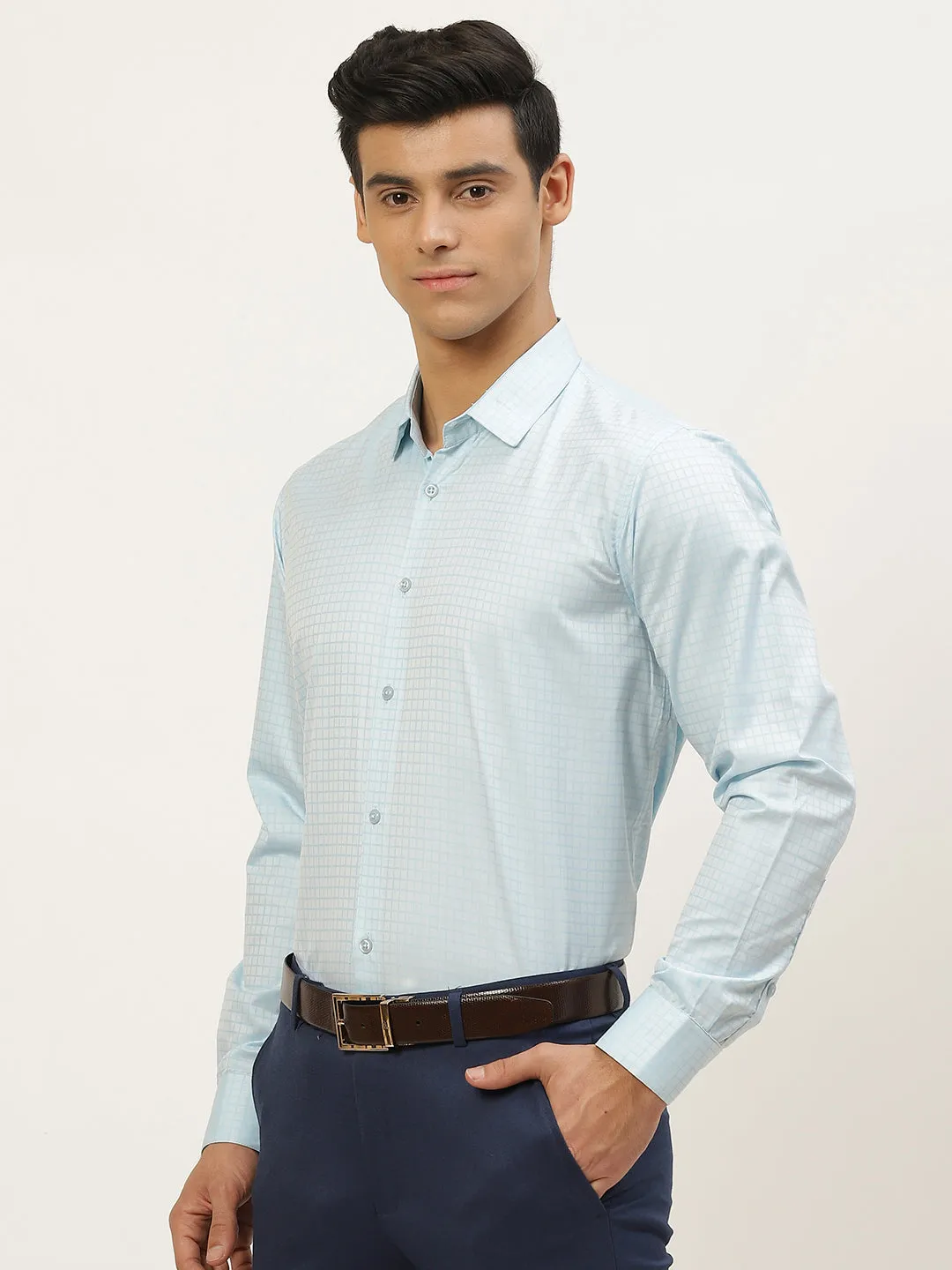 Mens Cotton Sky Blue Checked Formal Shirt - Sojanya