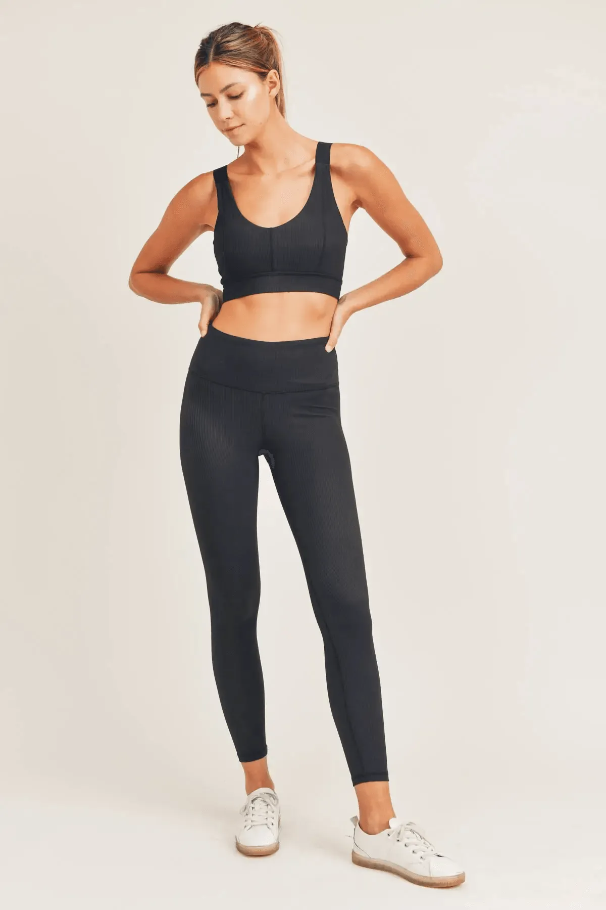 Mono B Bronze Micro Ribbed Lycra-Blend High-Waisted Legging - Black