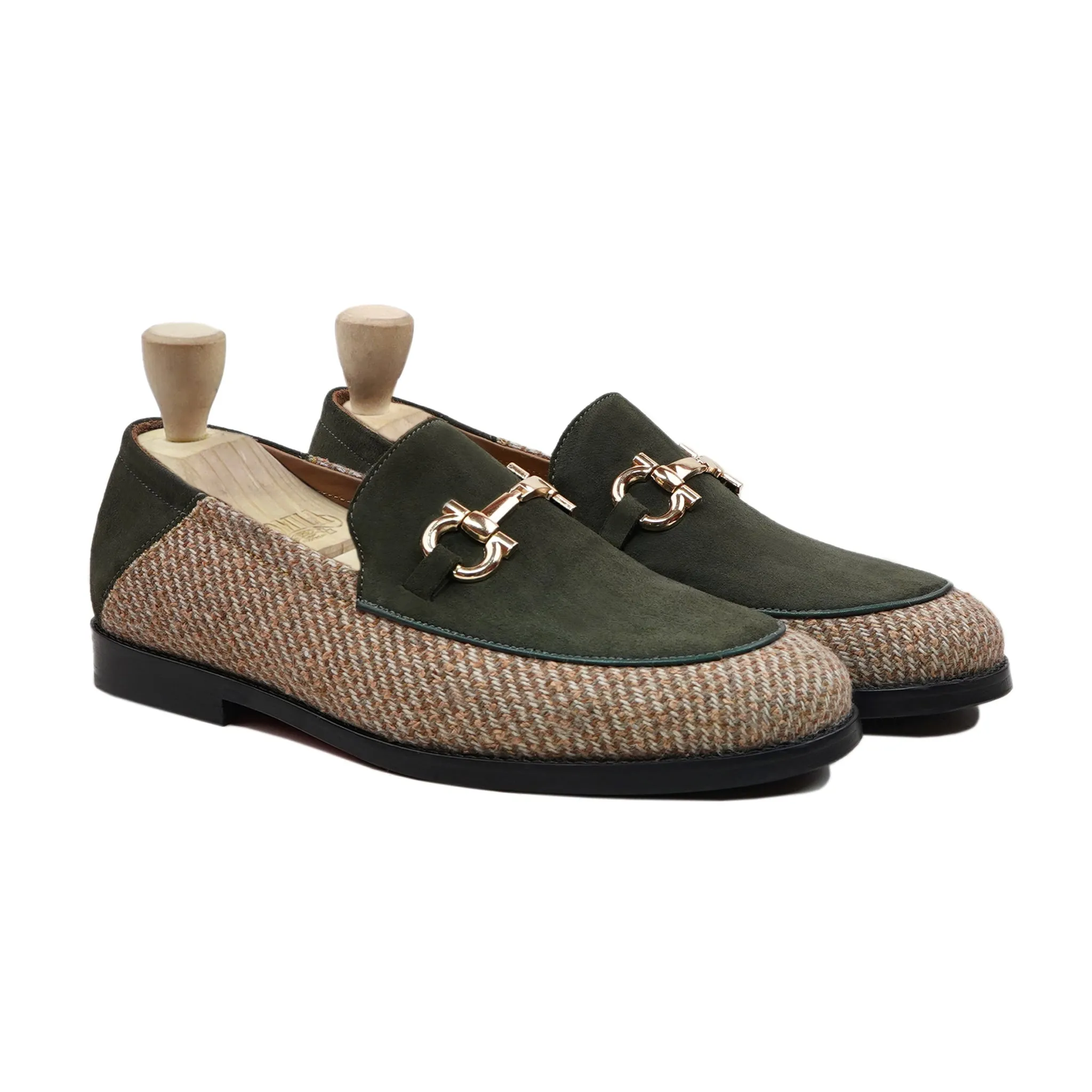 Odense - Men's Olive Green Kid Suede and Tweed Loafer