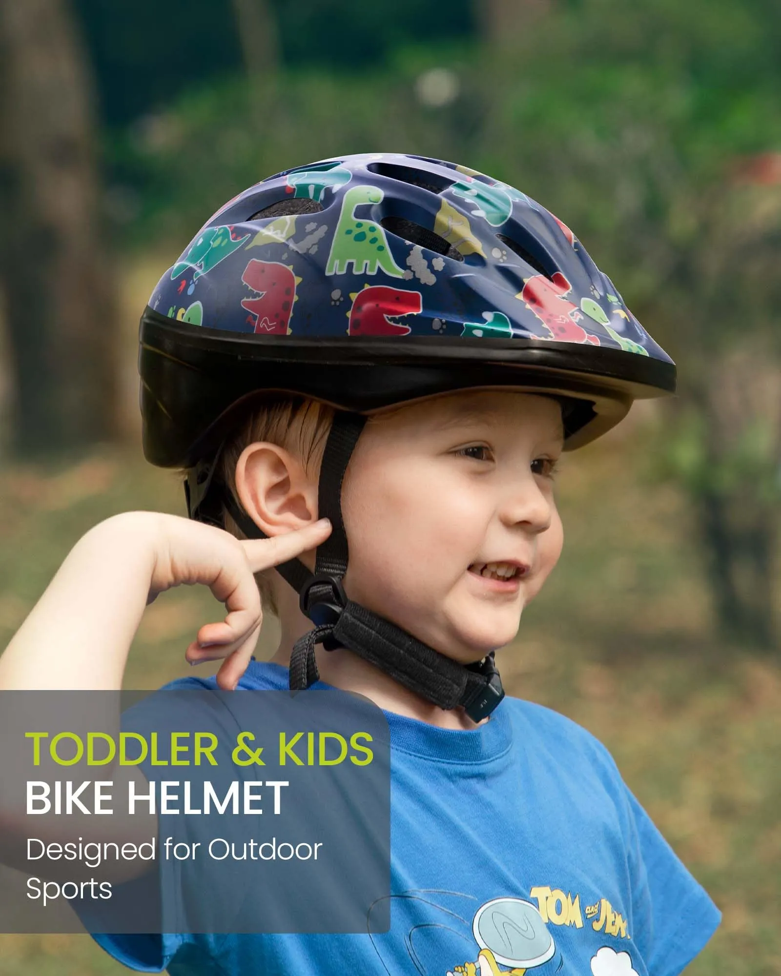 OutdoorMaster Toddler Kids Bike Helmet - Multi-Sport 2 Sizes Adjustable Helmet for Children (Age 3-11), 14 Vents for Kids Skating Cycling Scooter - Dino Volcanoland, M