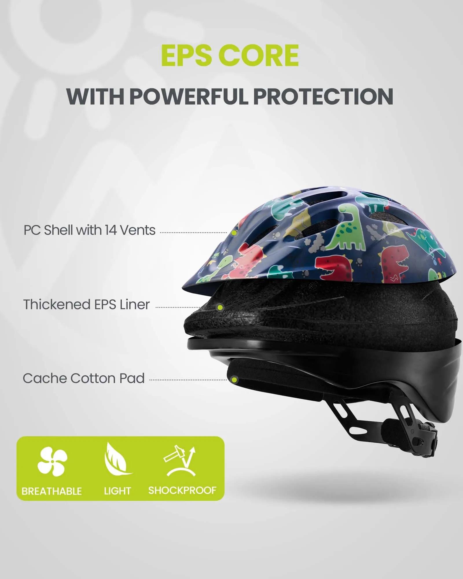 OutdoorMaster Toddler Kids Bike Helmet - Multi-Sport 2 Sizes Adjustable Helmet for Children (Age 3-11), 14 Vents for Kids Skating Cycling Scooter - Dino Volcanoland, M