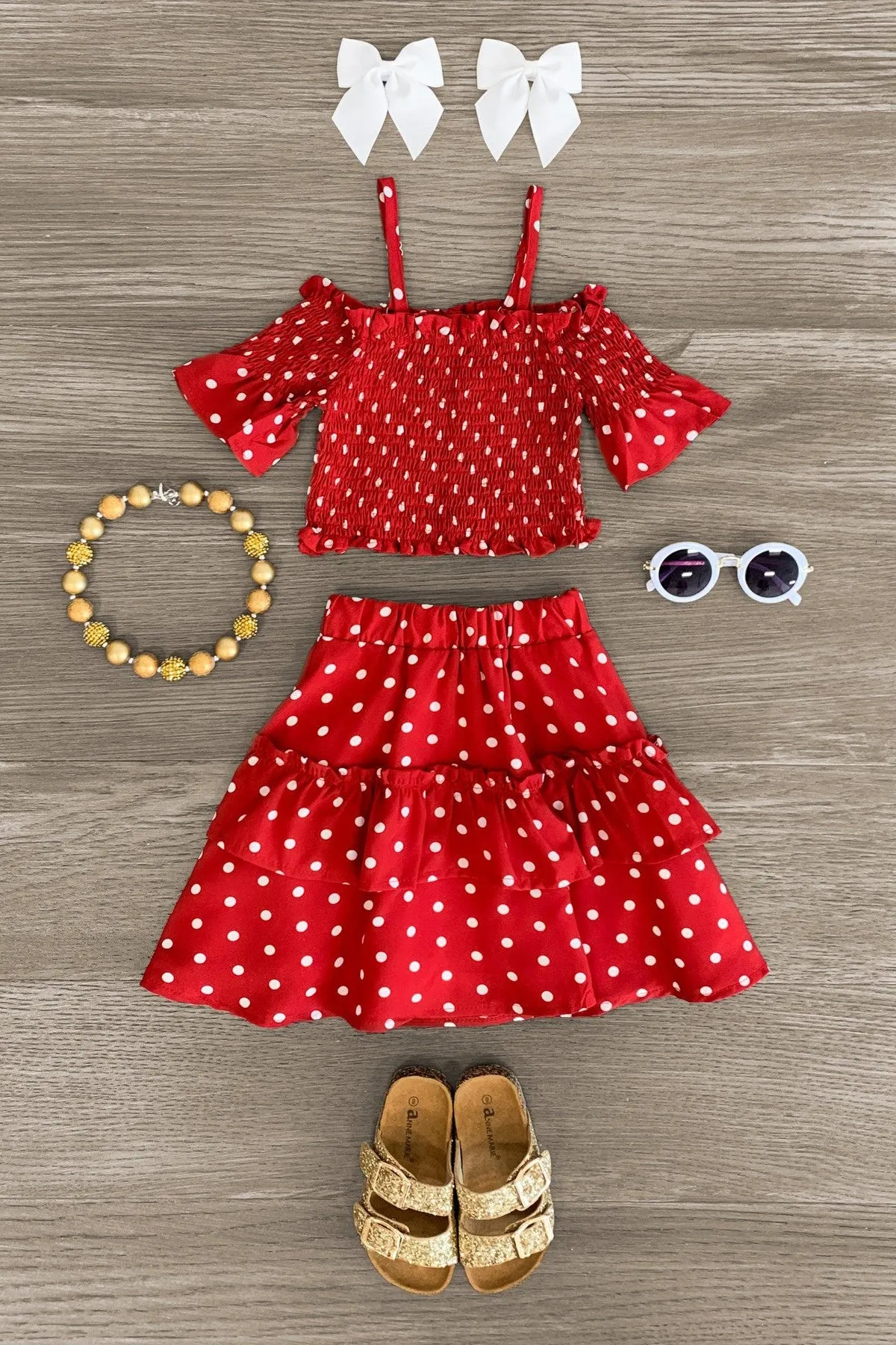 Red Cold Shoulder Polka Dot Skirt Set