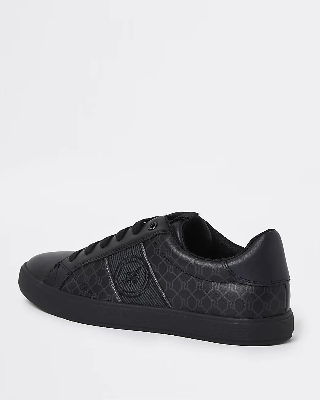 River Island Black RI Monogram Lace up Mens Trainers