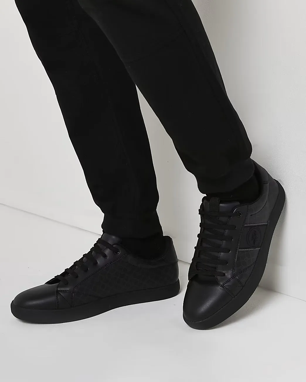 River Island Black RI Monogram Lace up Mens Trainers