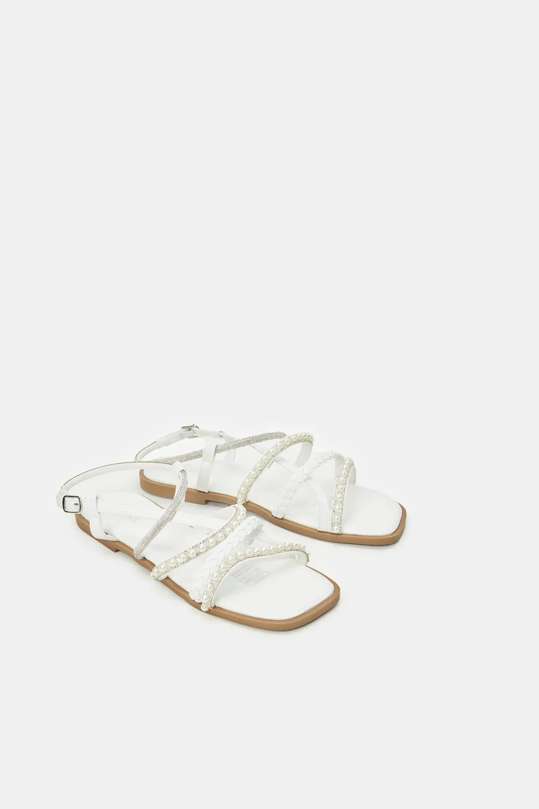 Senior Girls White Pearl Strap Sandal