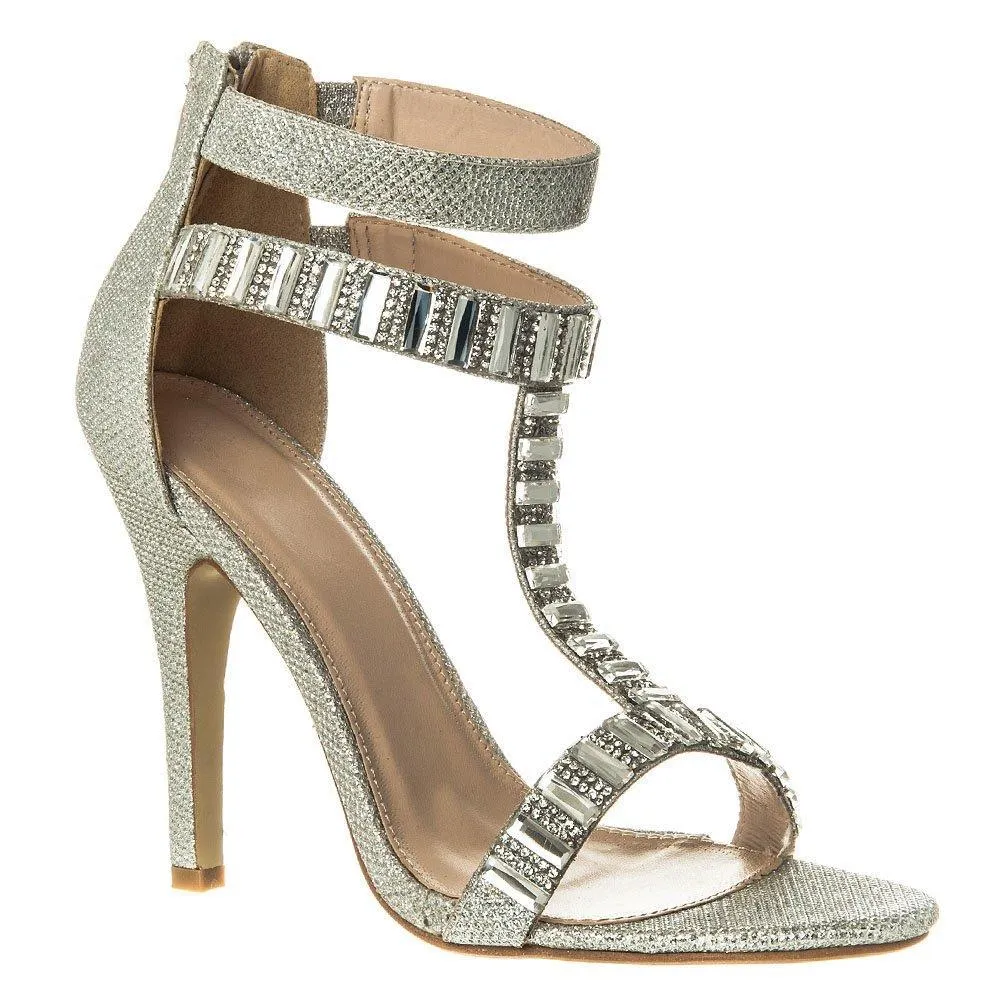 Sharon High Heel T-Bar Ankle Strap Jeweled And Diamante Sandal