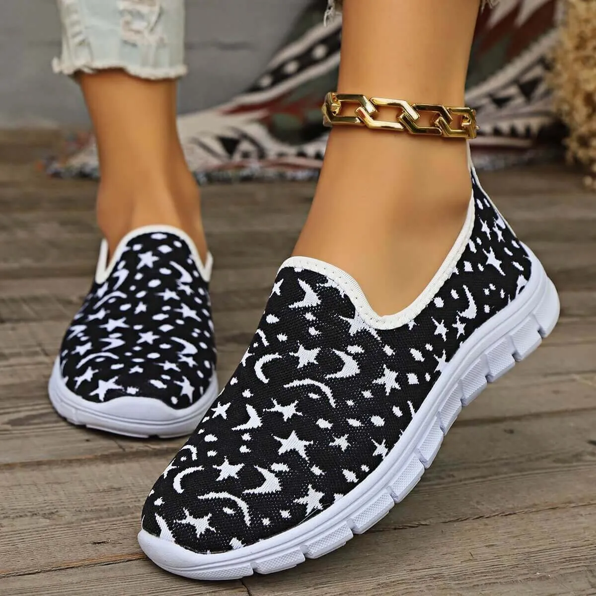 Star & Moon Pattern Flat Loafers