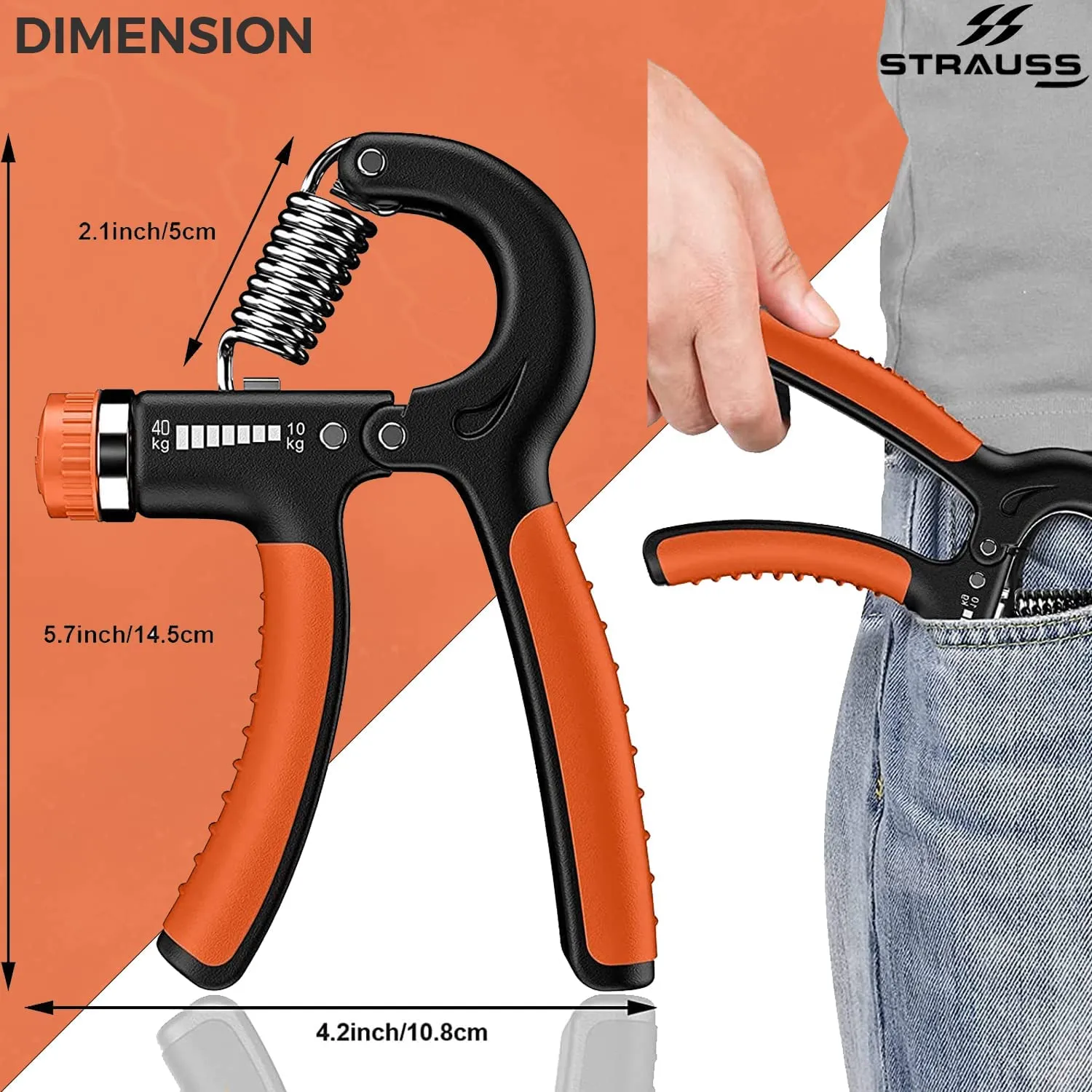 Strauss Adjustable Hand Grip Strengthener Black & Orange (Pack of 2)