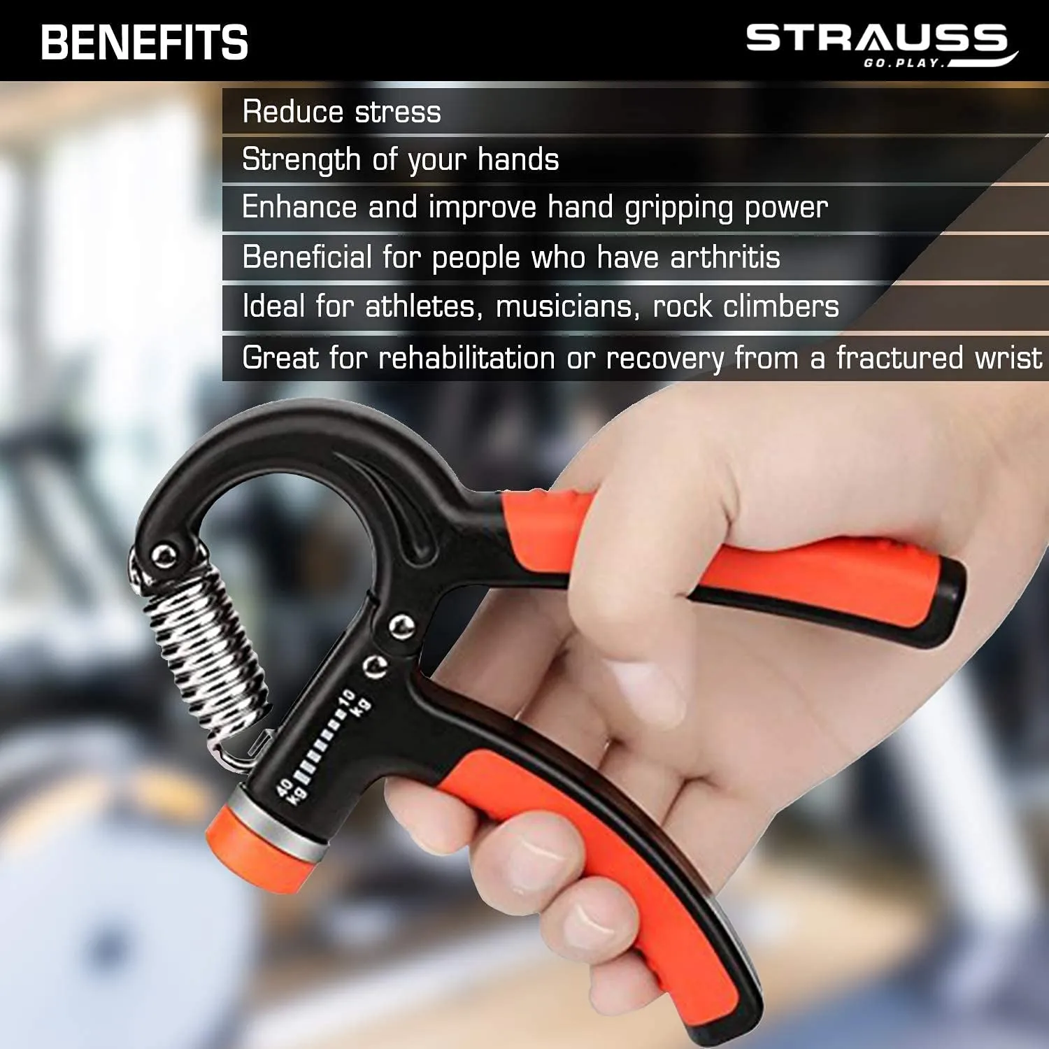 Strauss Adjustable Hand Grip Strengthener Black & Orange (Pack of 2)