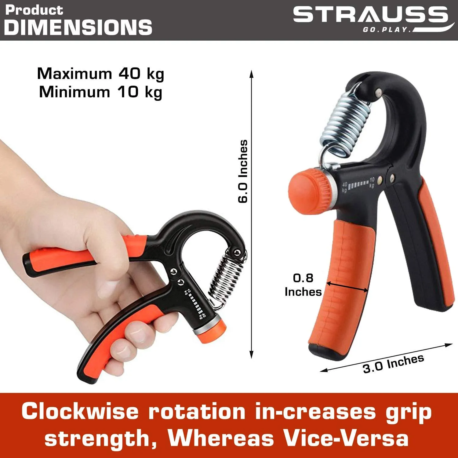 Strauss Adjustable Hand Grip Strengthener, (Black/Orange) with Double Exercise Wheel