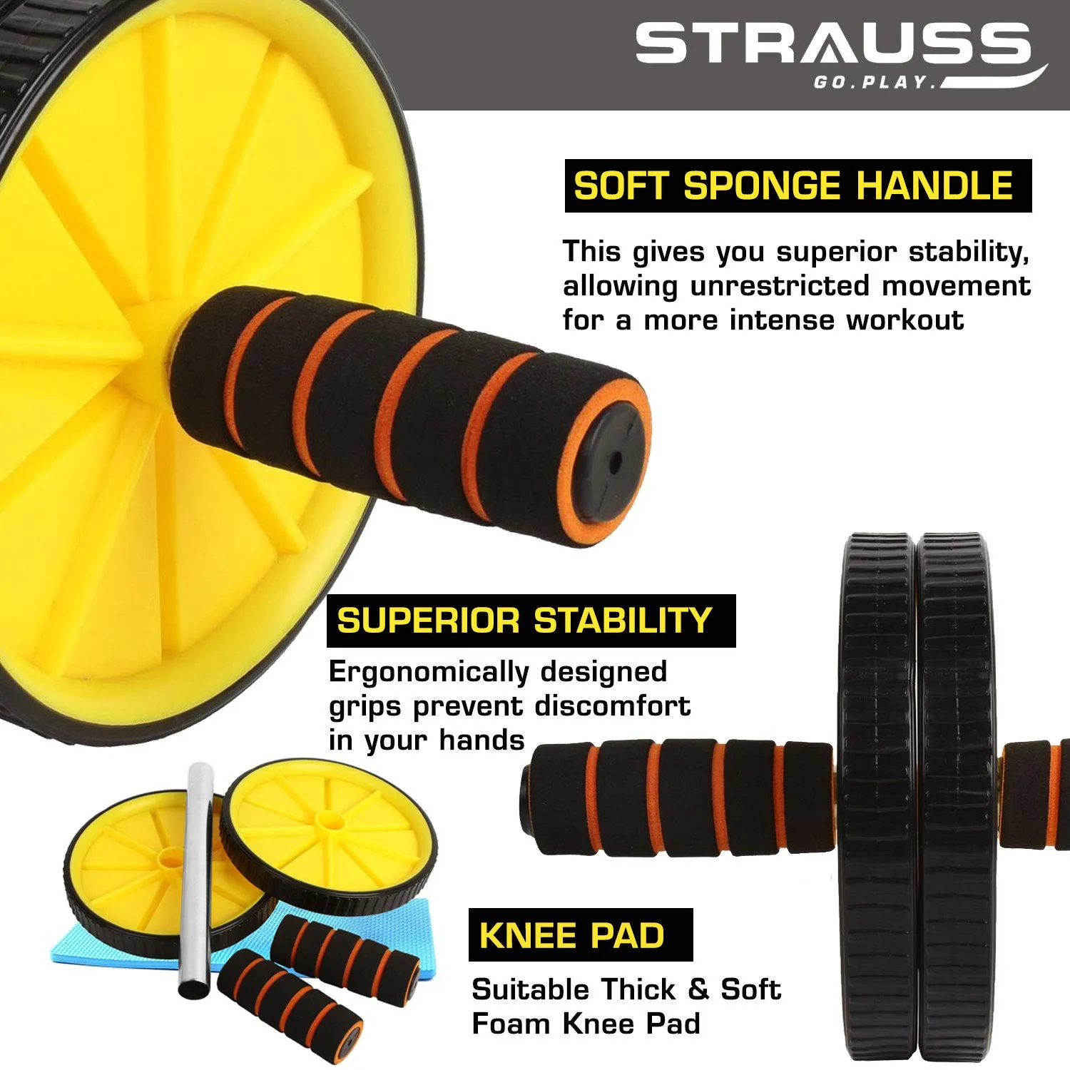 Strauss Adjustable Hand Grip Strengthener, (Black/Orange) with Double Exercise Wheel