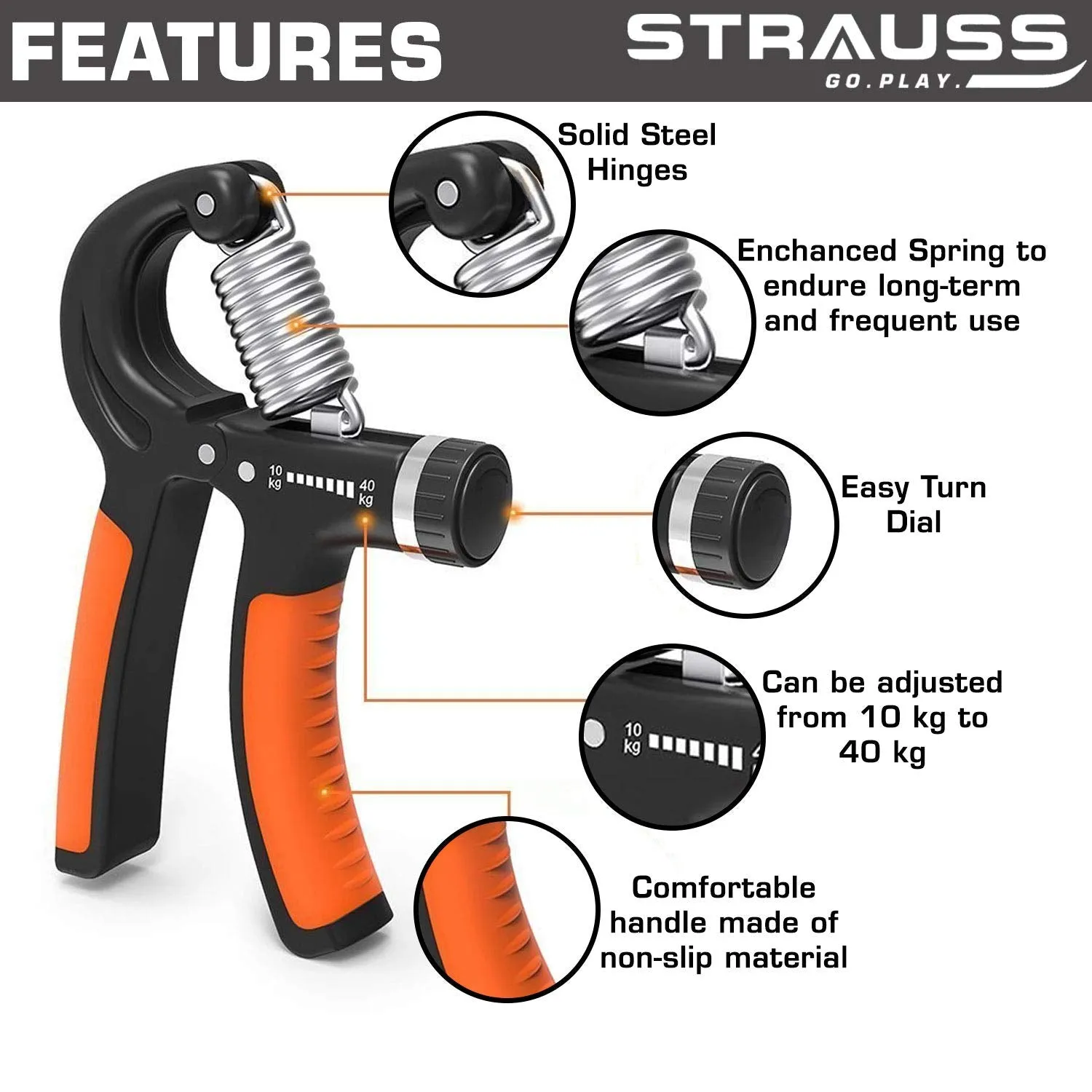 Strauss Adjustable Hand Grip Strengthener, (Black/Orange) with Double Exercise Wheel