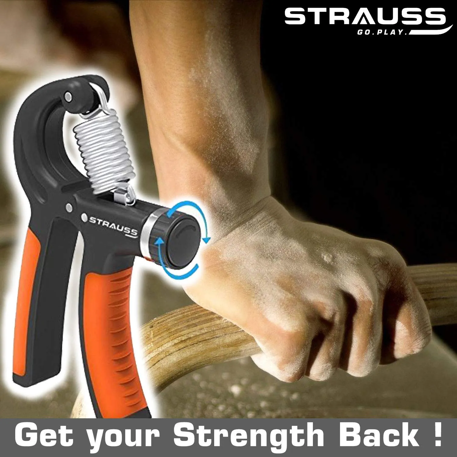 Strauss Adjustable Hand Grip Strengthener, (Black/Orange) with Double Exercise Wheel