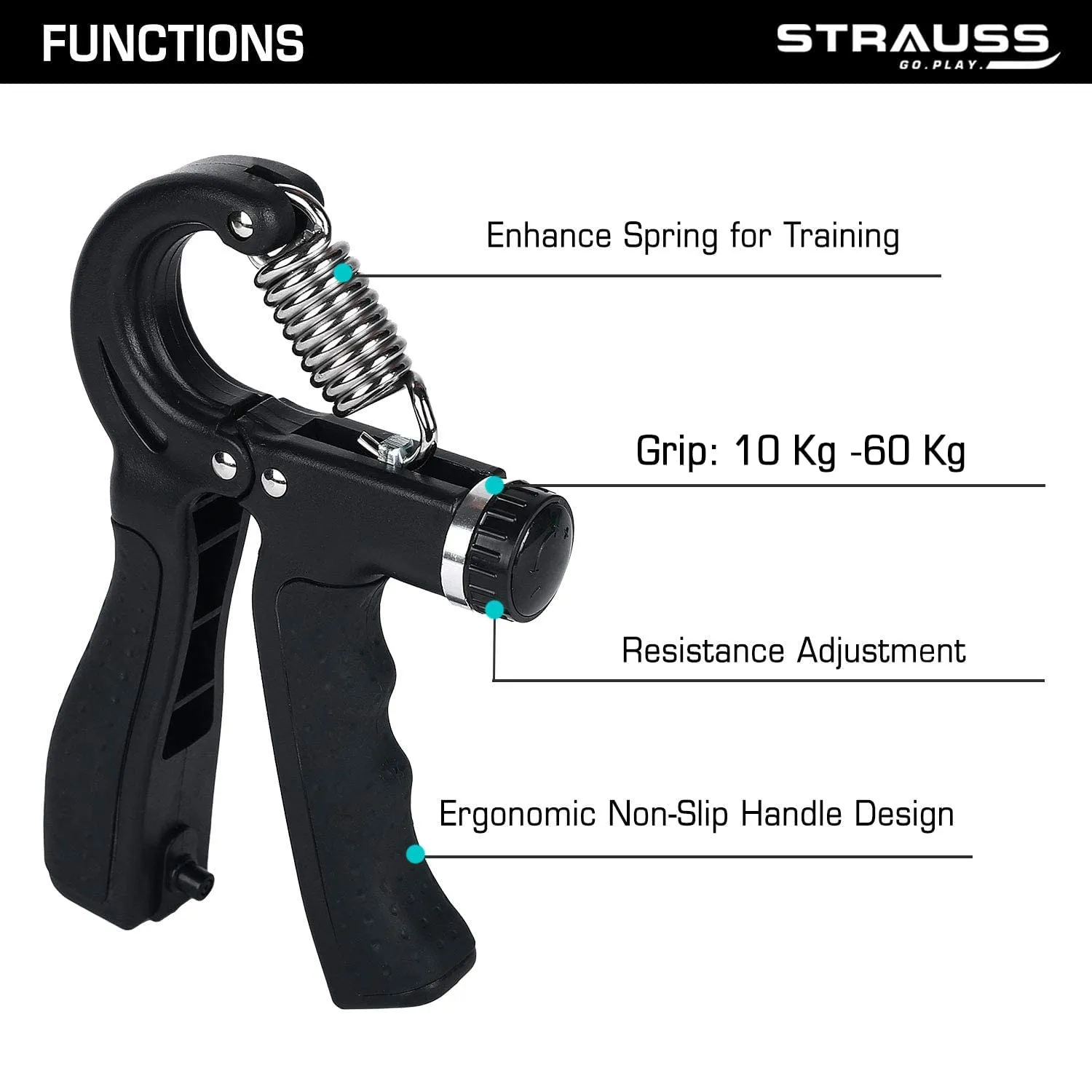 Strauss Adjustable Hand Grip Strengthener with Counter Meter - Black (Pack of 2)