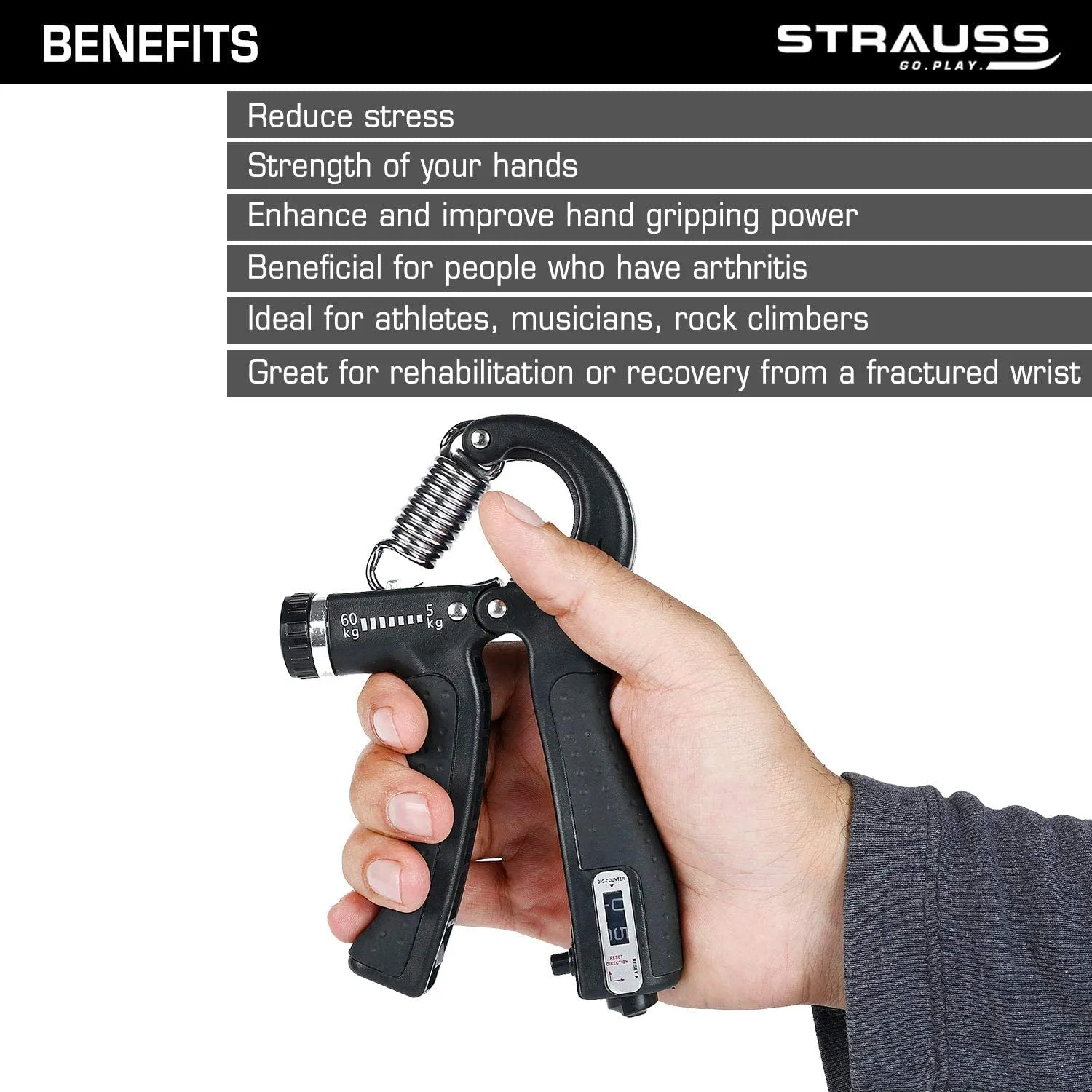 Strauss Adjustable Hand Grip Strengthener with Counter Meter - Black (Pack of 2)