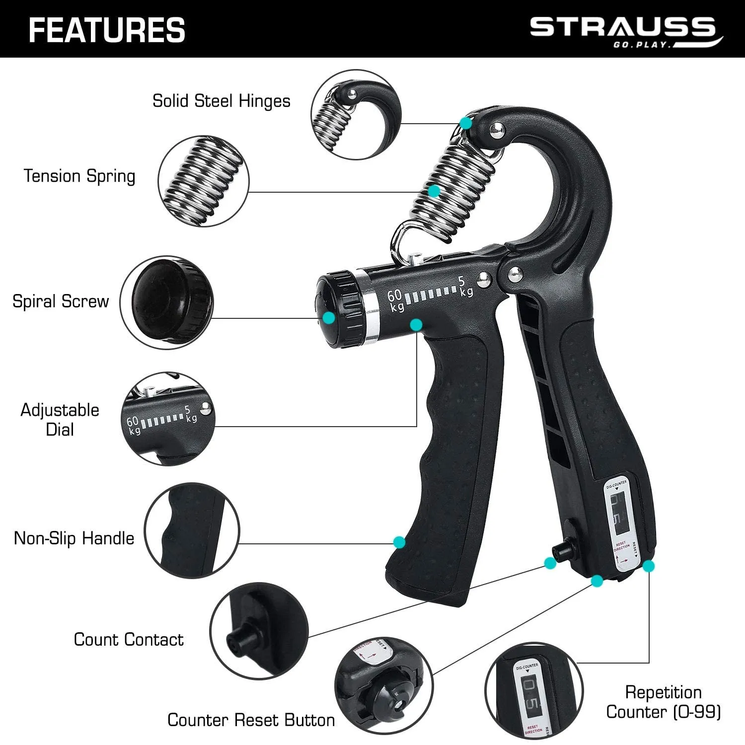 Strauss Adjustable Hand Grip Strengthener with Counter Meter - Black (Pack of 2)