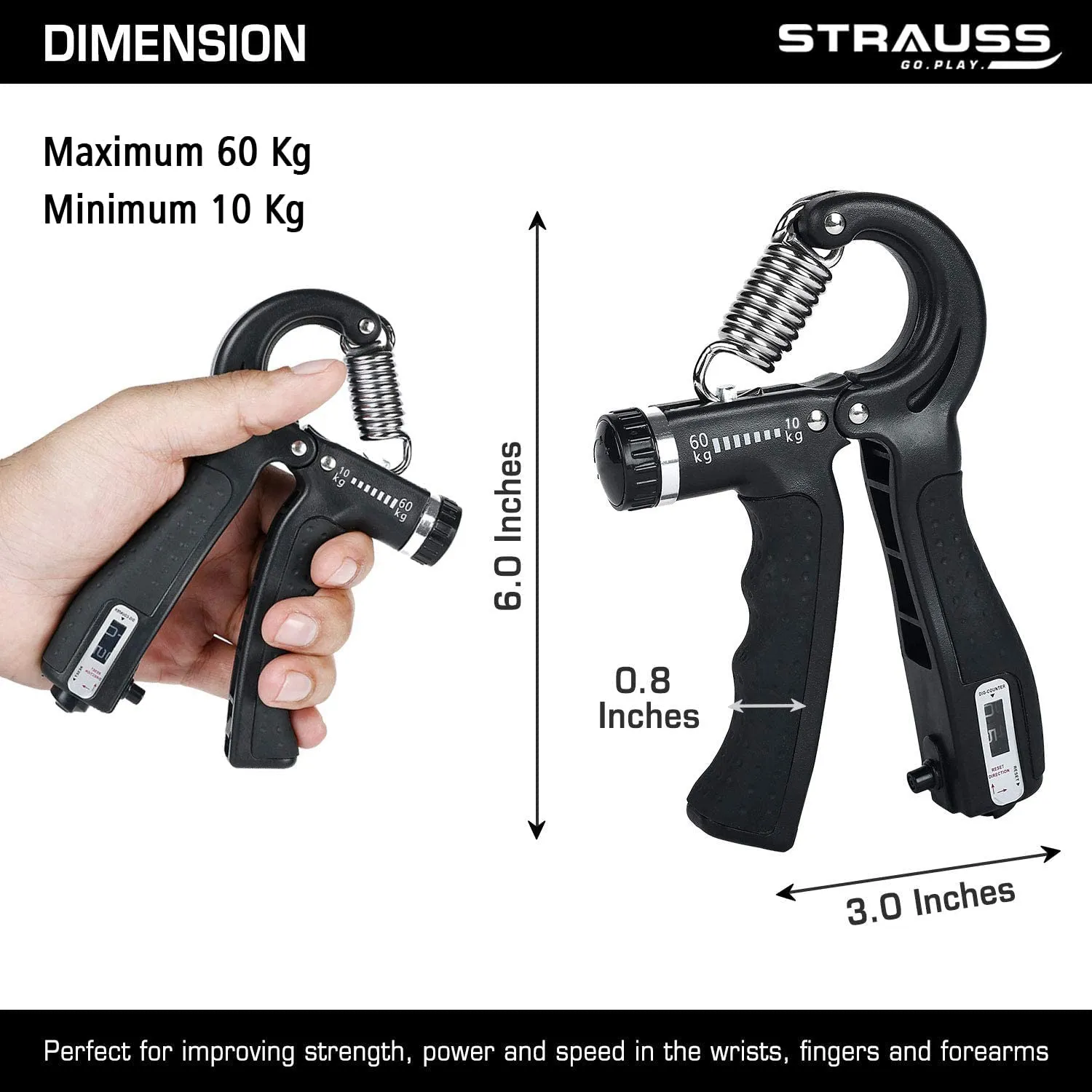 Strauss Adjustable Hand Grip Strengthener with Counter Meter - Black (Pack of 2)