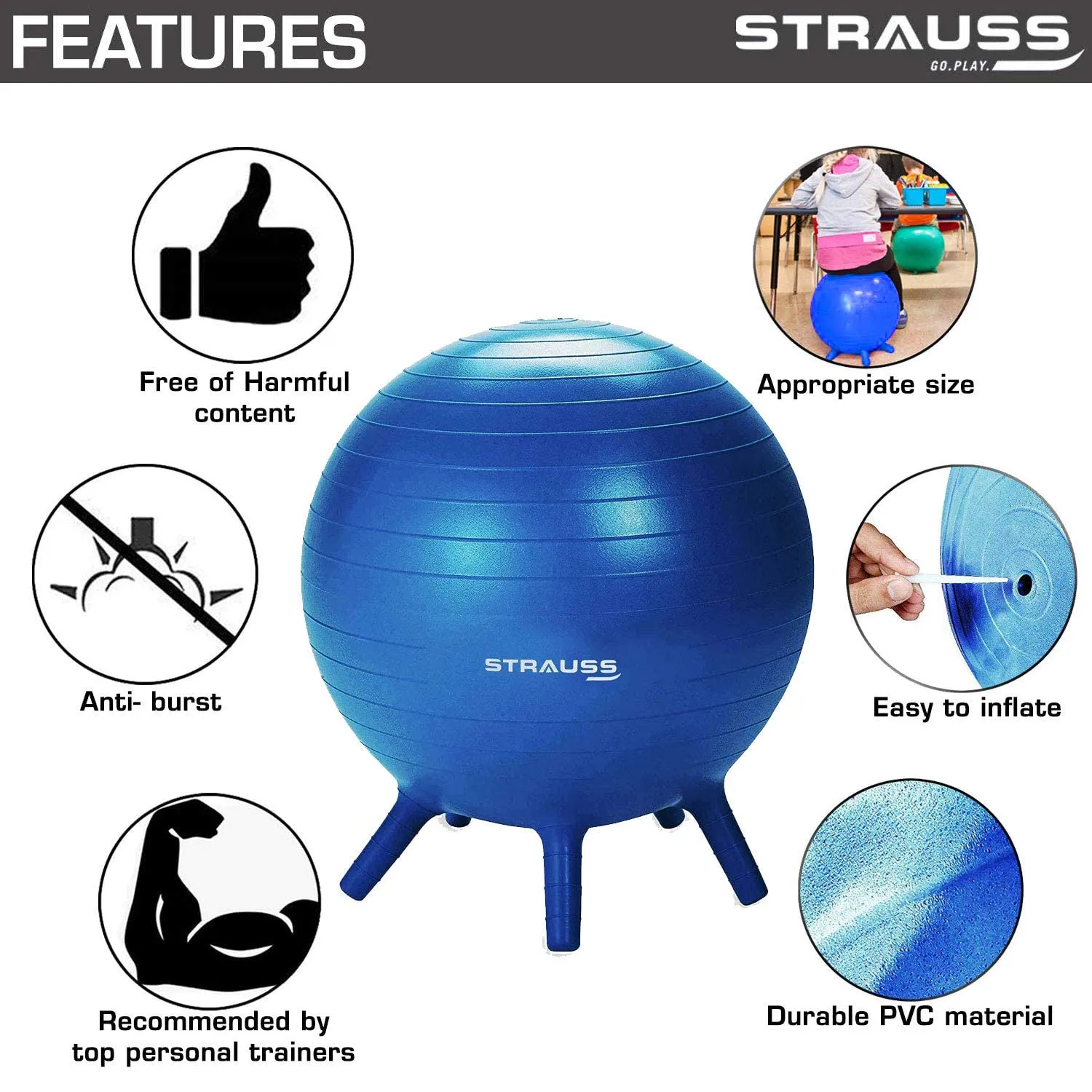 STRAUSS Anti-Burst Rubber Gym Ball Stability Legs with Free Foot Pump | Round Shape Swiss Ball for Exercise, Workout, Yoga, Pregnancy, Birthing, Balance & Stability, 55 cm, (Blue)