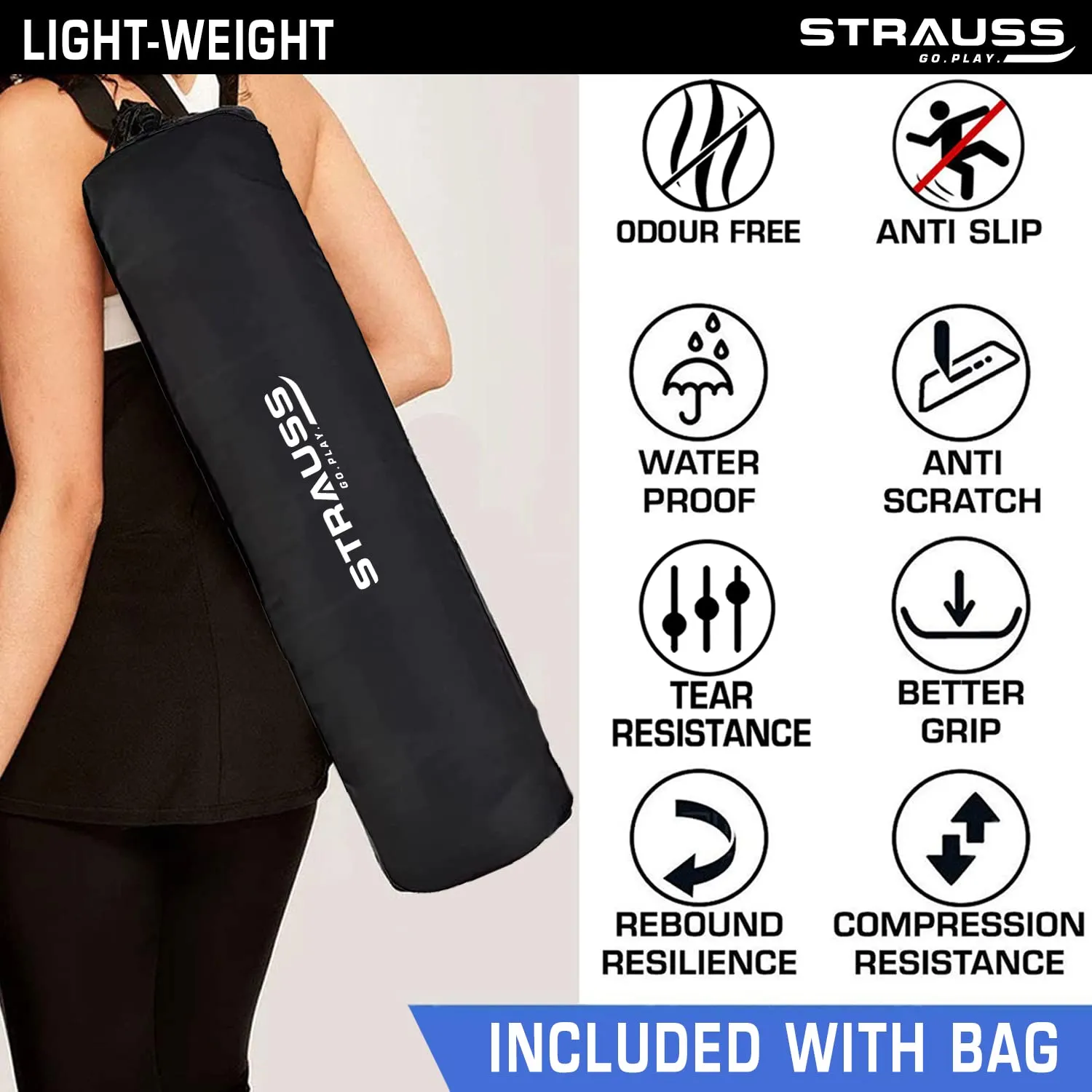 Strauss Anti Skid EVA Yoga Mat with Carry Bag, 6mm, (Grey)