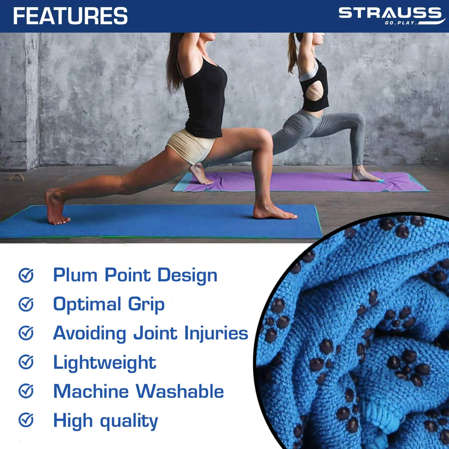 STRAUSS Anti-Slip Yoga Towel, (Blue)