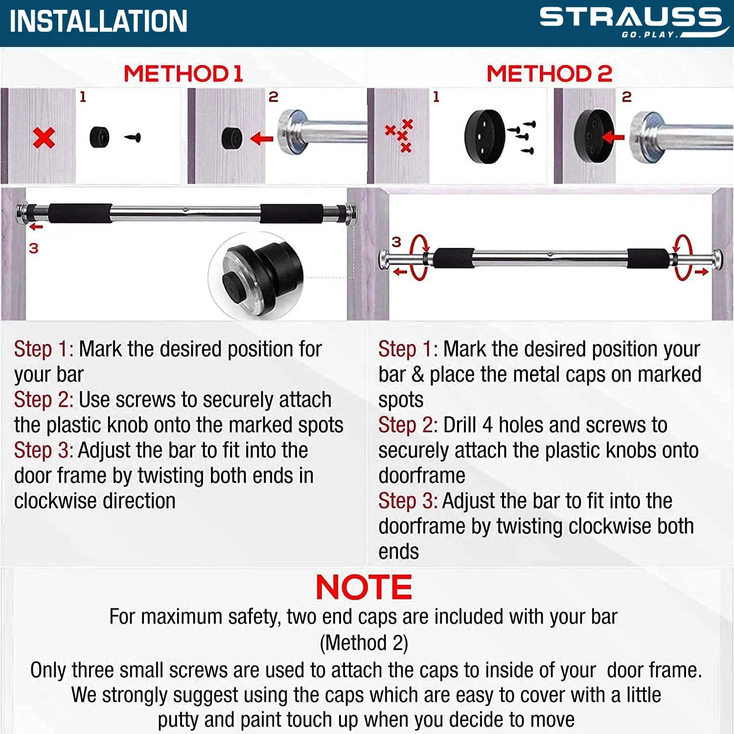 Strauss Chin Up Door Bar | Pull Up Bars For Home Workout with Palm Pad and Anti-skid Grip | Door Way Adjustable Length Hanging Rod Without Screw | Hanging Bar for Pull-ups,Push ups & Chin ups,(Silver)