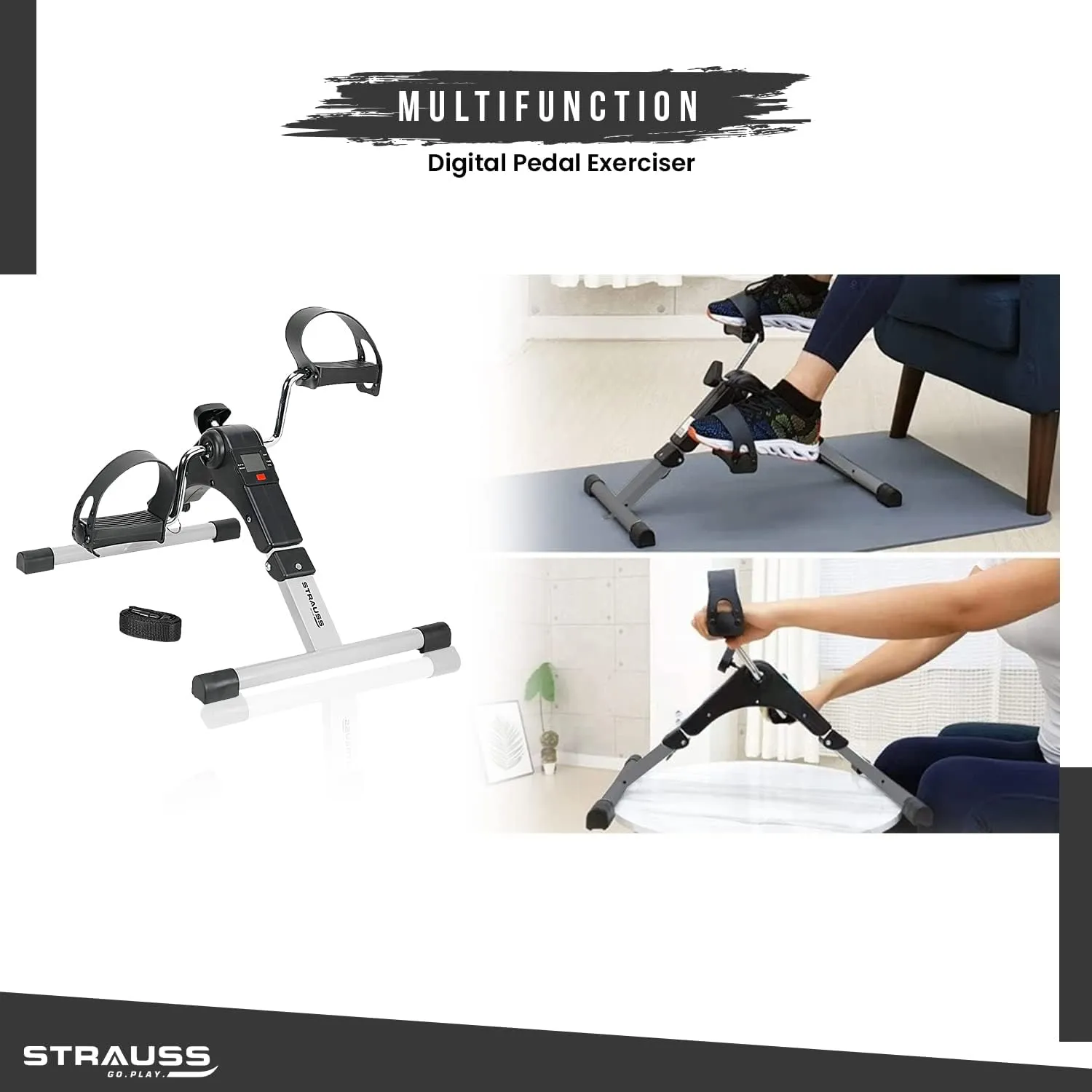 Strauss Digital Pedal Exercise Machine | Mini Fitness Cycle For Home With Fixing Strap | Adjustable Resistance Band & LCD Display | Foldable and Portable | Suitable for Light Exercise of Legs, Arms, & Physiotherapy at Home