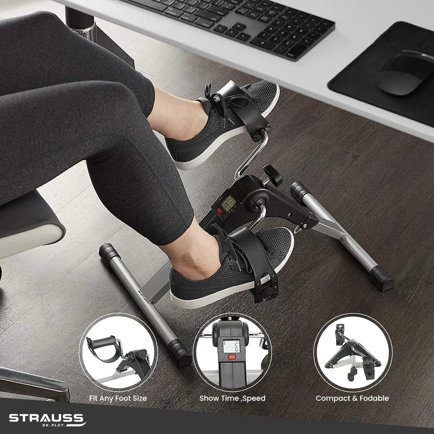 Strauss Digital Pedal Exercise Machine | Mini Fitness Cycle For Home With Fixing Strap | Adjustable Resistance Band & LCD Display | Foldable and Portable | Suitable for Light Exercise of Legs, Arms, & Physiotherapy at Home