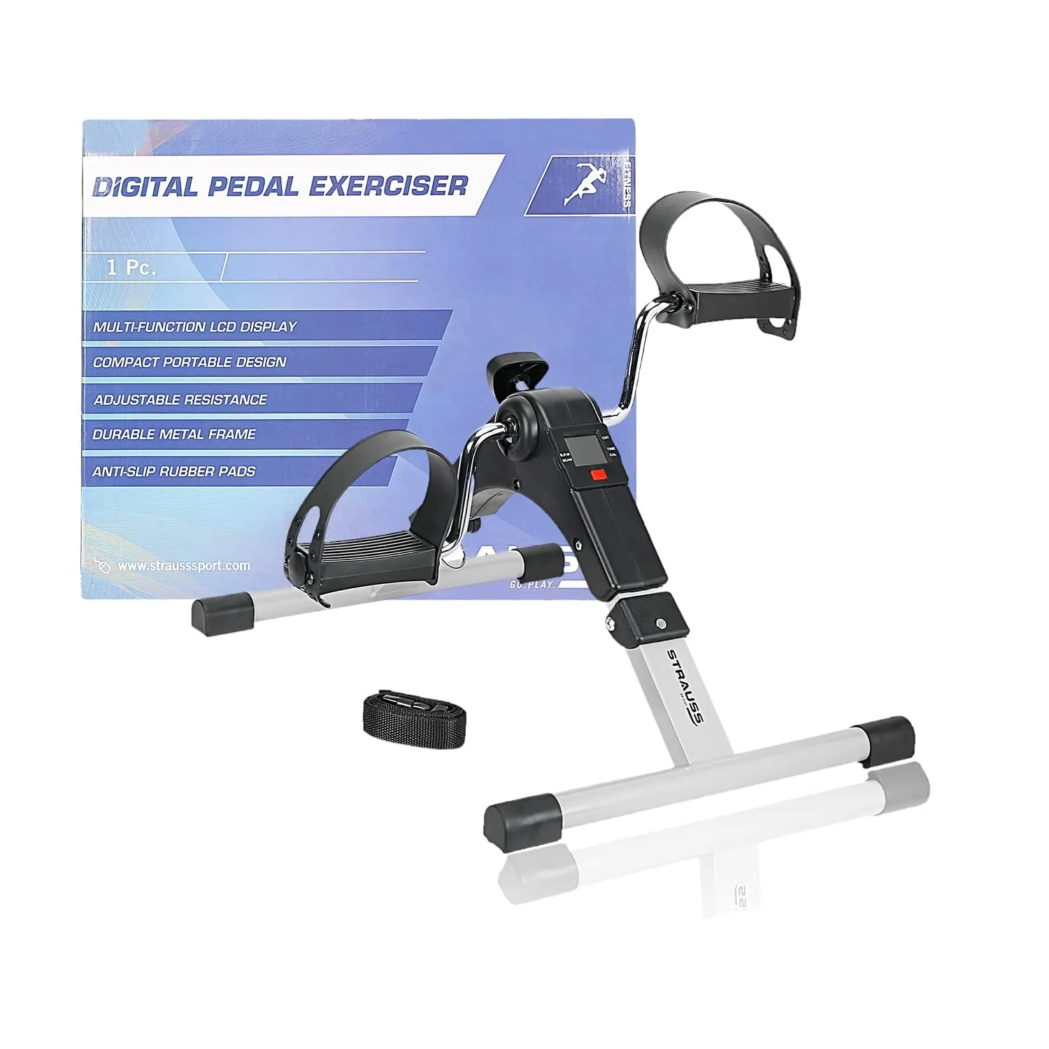 Strauss Digital Pedal Exercise Machine | Mini Fitness Cycle For Home With Fixing Strap | Adjustable Resistance Band & LCD Display | Foldable and Portable | Suitable for Light Exercise of Legs, Arms, & Physiotherapy at Home