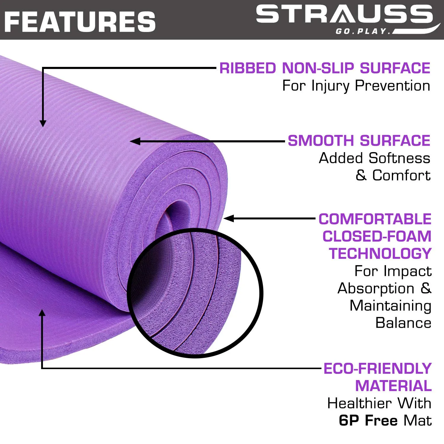 Strauss Extra Thick Yoga Mat with Carrying Strap, 10 mm (Purple)