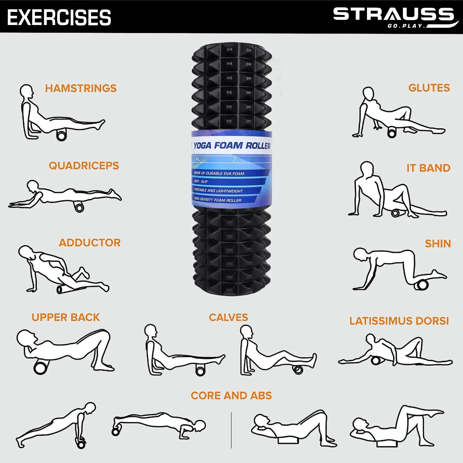 Strauss Grid Foam Roller, 33 cm, (Black)