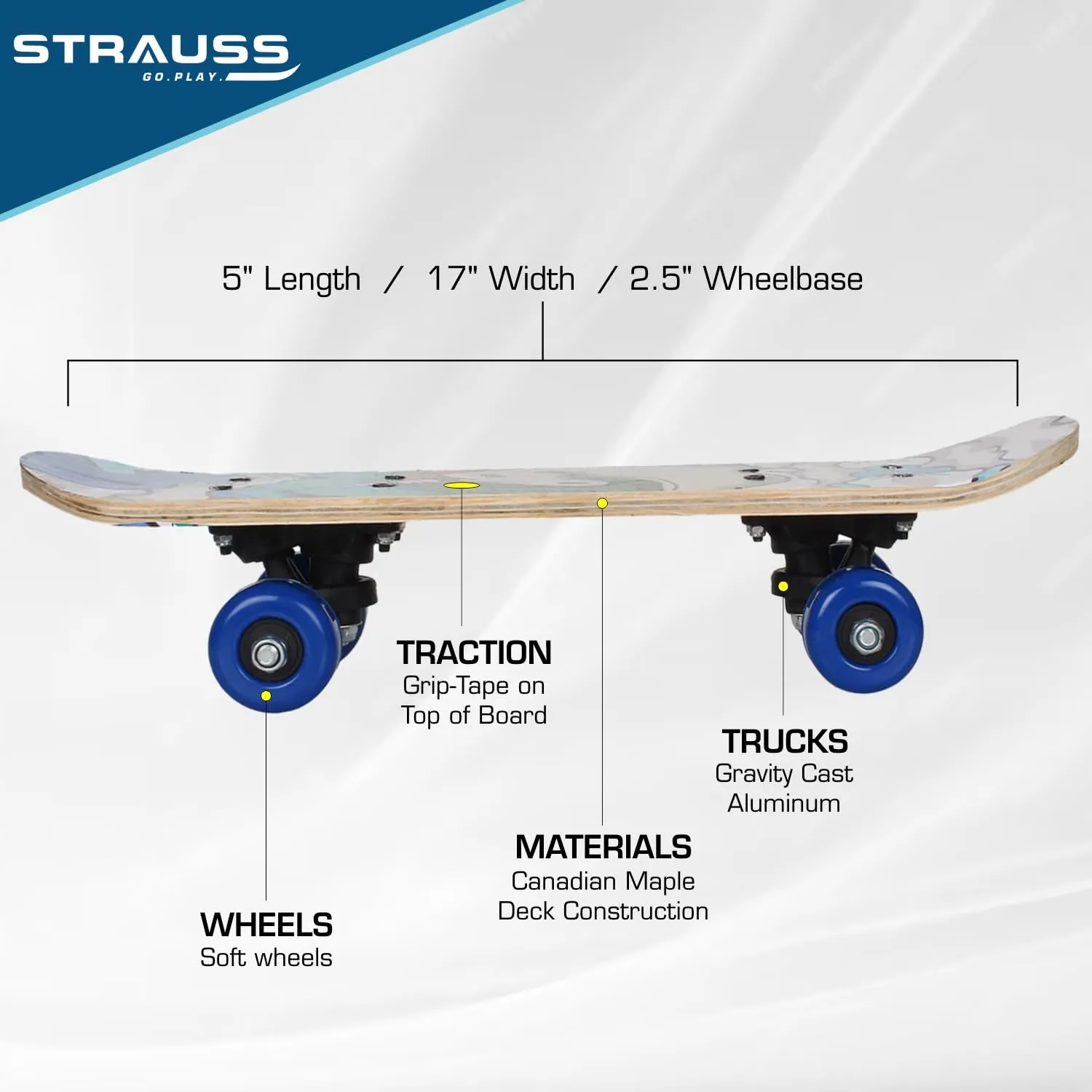 Strauss Kids Skateboard | 17 X 5 Inches Maple Wood Skateboard with PU Wheels for Kids Upto 5 Years | Suitable for Boys and Girls | Ideal for Beginners,Learners and Training Purpose, (White Horse)