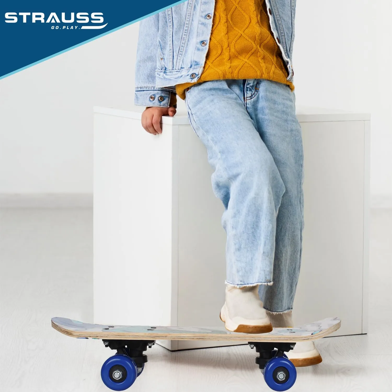 Strauss Kids Skateboard | 17 X 5 Inches Maple Wood Skateboard with PU Wheels for Kids Upto 5 Years | Suitable for Boys and Girls | Ideal for Beginners,Learners and Training Purpose, (White Horse)