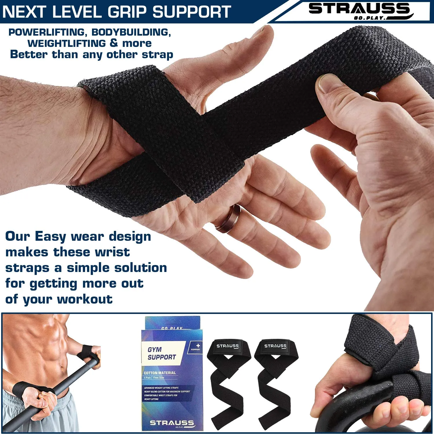 Strauss PT Cotton Wrist Support, Pack of 2 (Black) with Gym Belt